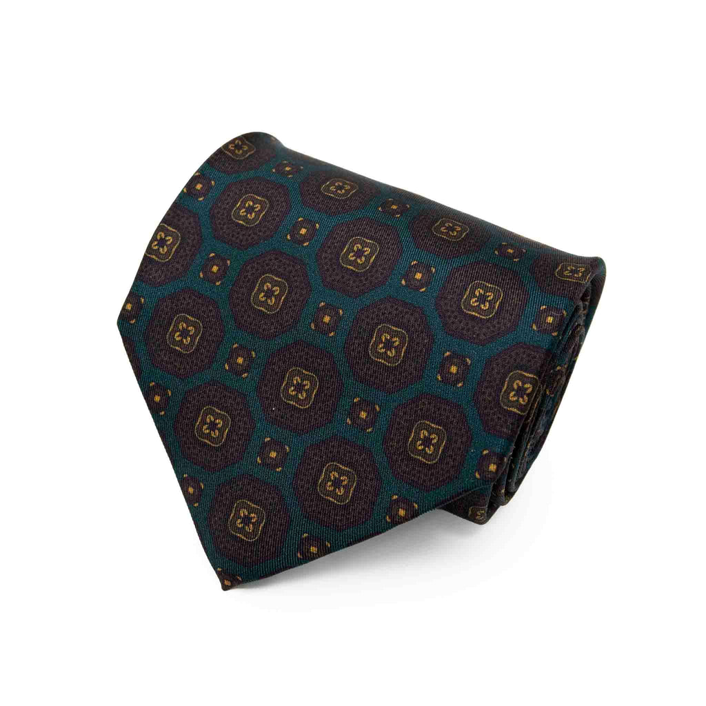 Green with Brown Medallions Silk Tie Serà Fine Silk