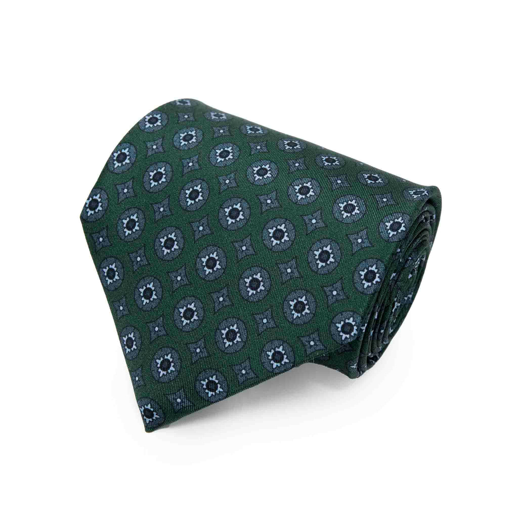 Green with Grey Circles Pattern Silk Tie Serà Fine Silk