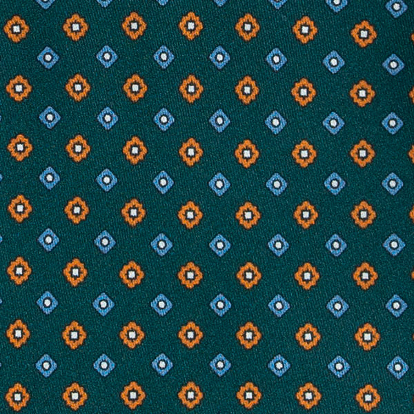 Green and Orange Geometric Small Flowers Pattern Silk Tie Serà Fine Silk