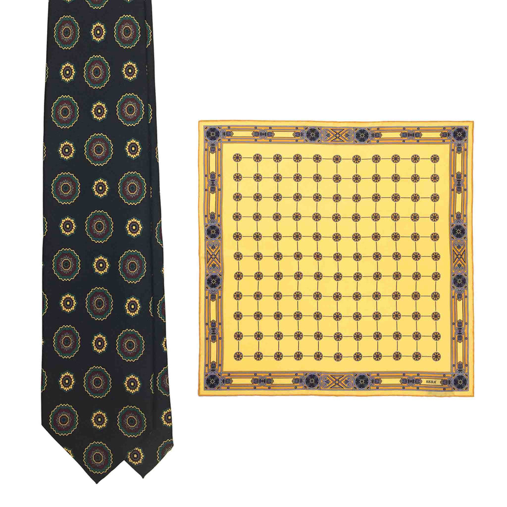 Green Silk Tie & Milano Sunrise Pocket Square Set Serà Fine Silk