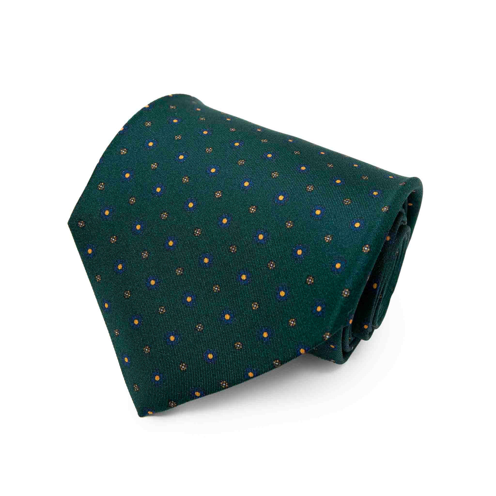 Green with Small Flowers Patterned Silk Tie Serà Fine Silk