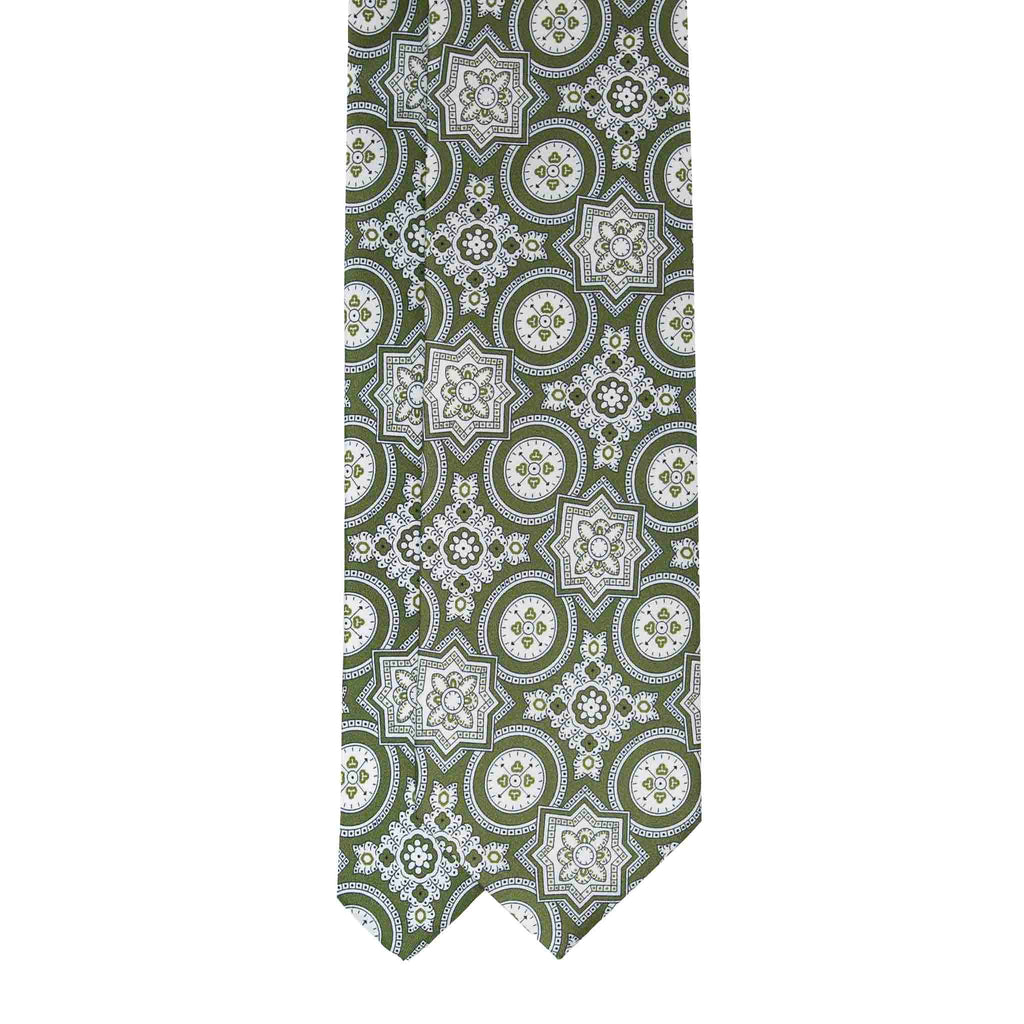 Green and White Big Medallions Silk Tie Serà Fine Silk