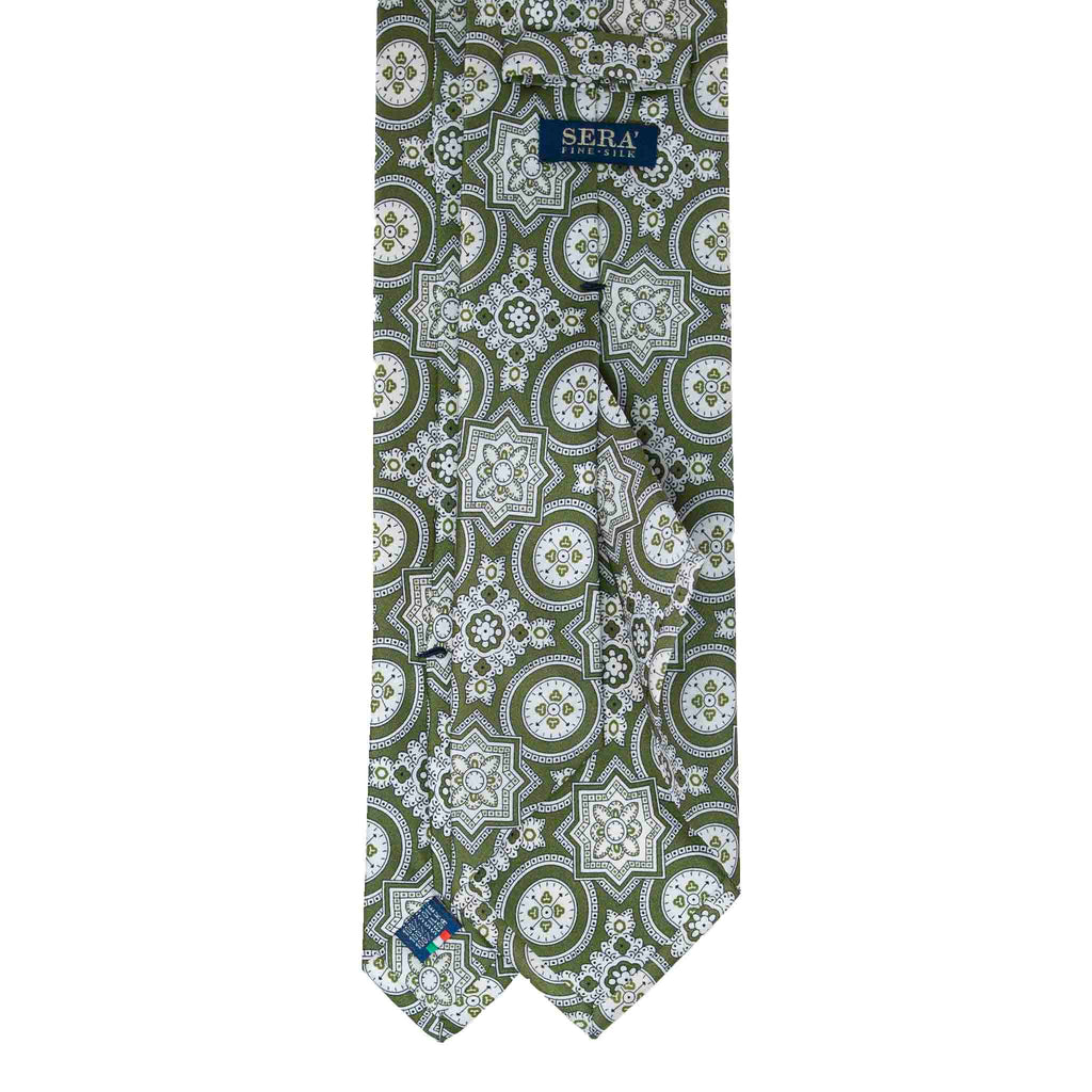 Green and White Big Medallions Silk Tie Serà Fine Silk