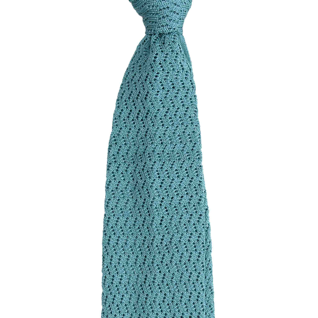 Aqua Green Zig Zag V Point Knitted Tie Serà Fine Silk