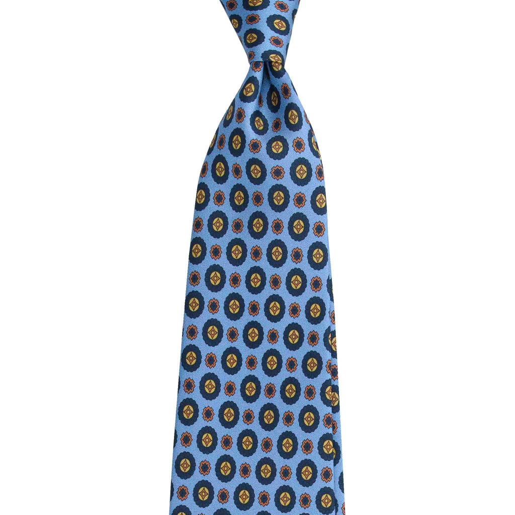 Light Blue Silk Tie with Blue Medallions Serà Fine Silk