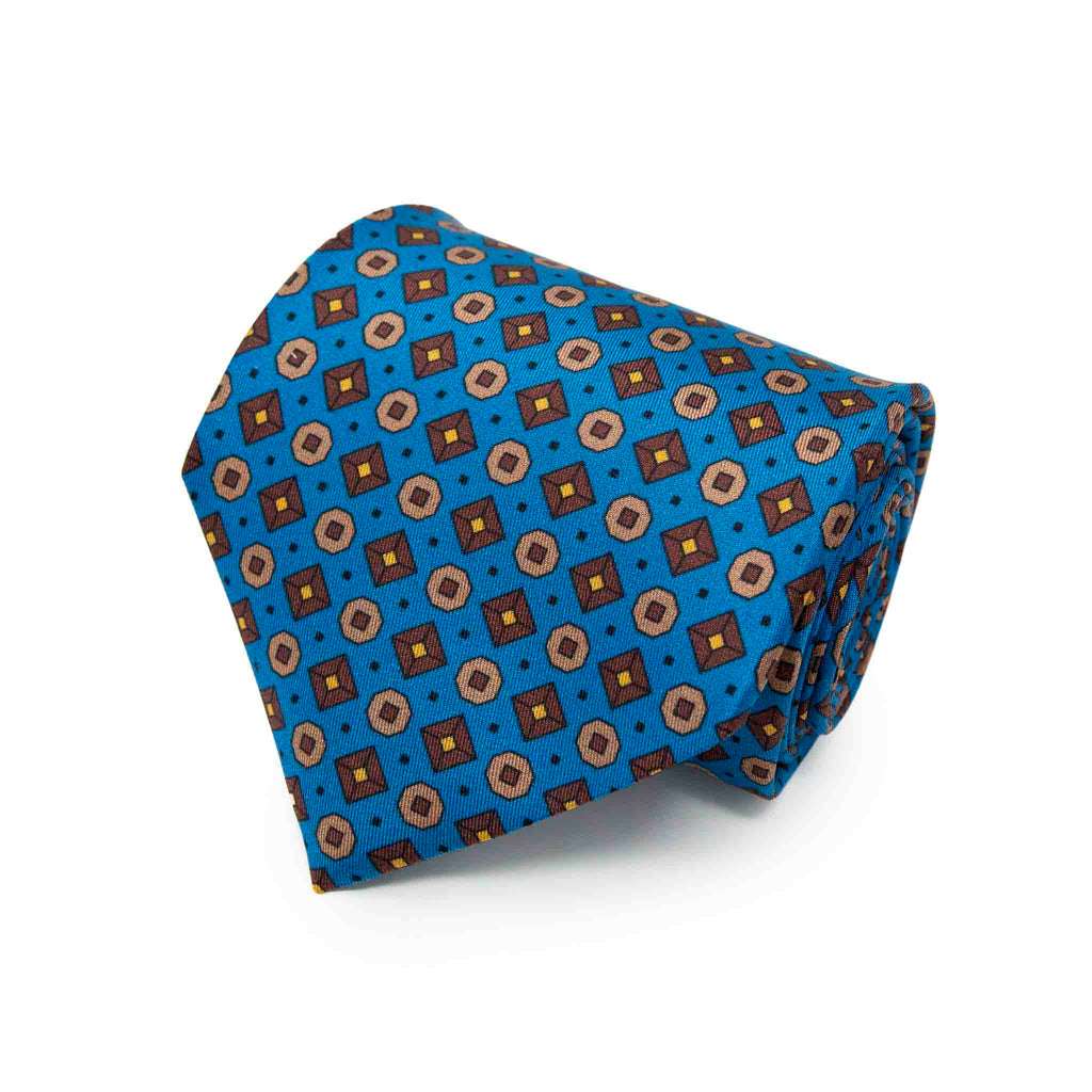 Light Blue with Brown Geometric Pattern Silk Tie Serà Fine Silk