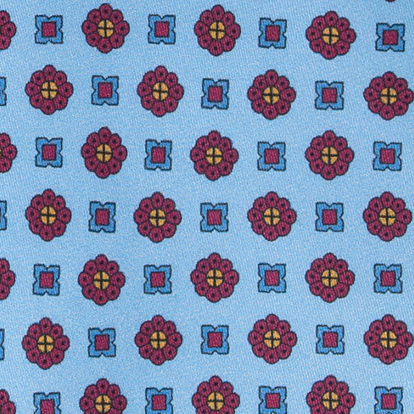 Light Blue with Burgundy Flowers Pattern Silk Tie Serà Fine Silk