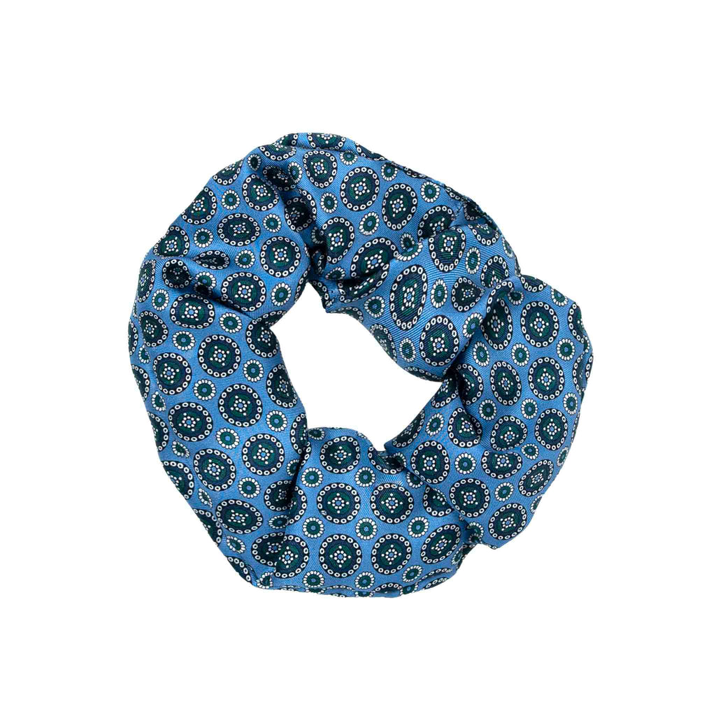 light blue green round pattern silk scrunchy