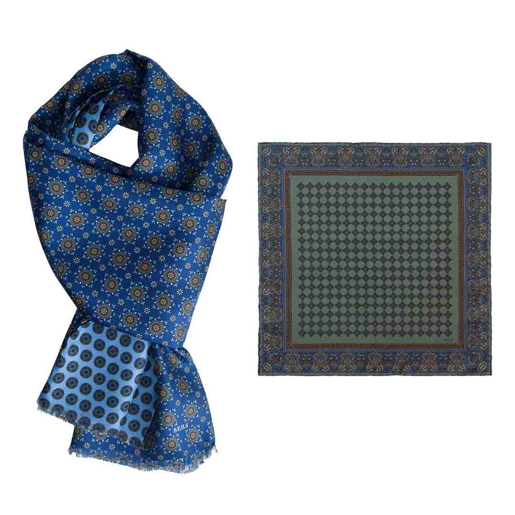 Light Blue Medallions Scarf & Green Ravenna Pocket Square