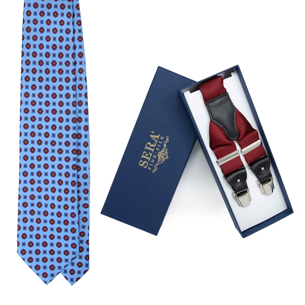 Light Blue Silk Tie & Burgundy Suspenders Set Serà Fine Silk