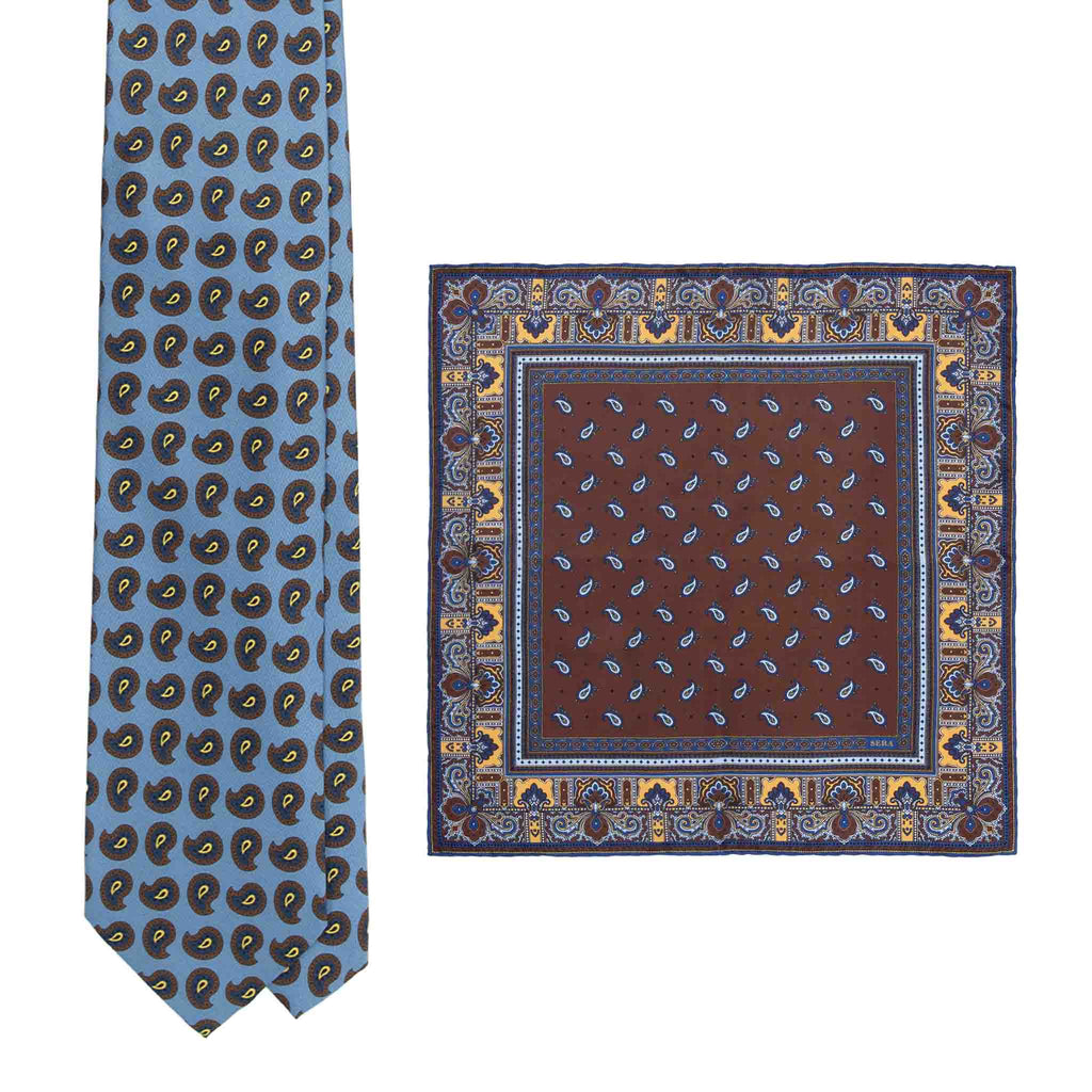 Light Blue Silk Tie & Chocolate Recioto Pocket Square Set Serà Fine Silk