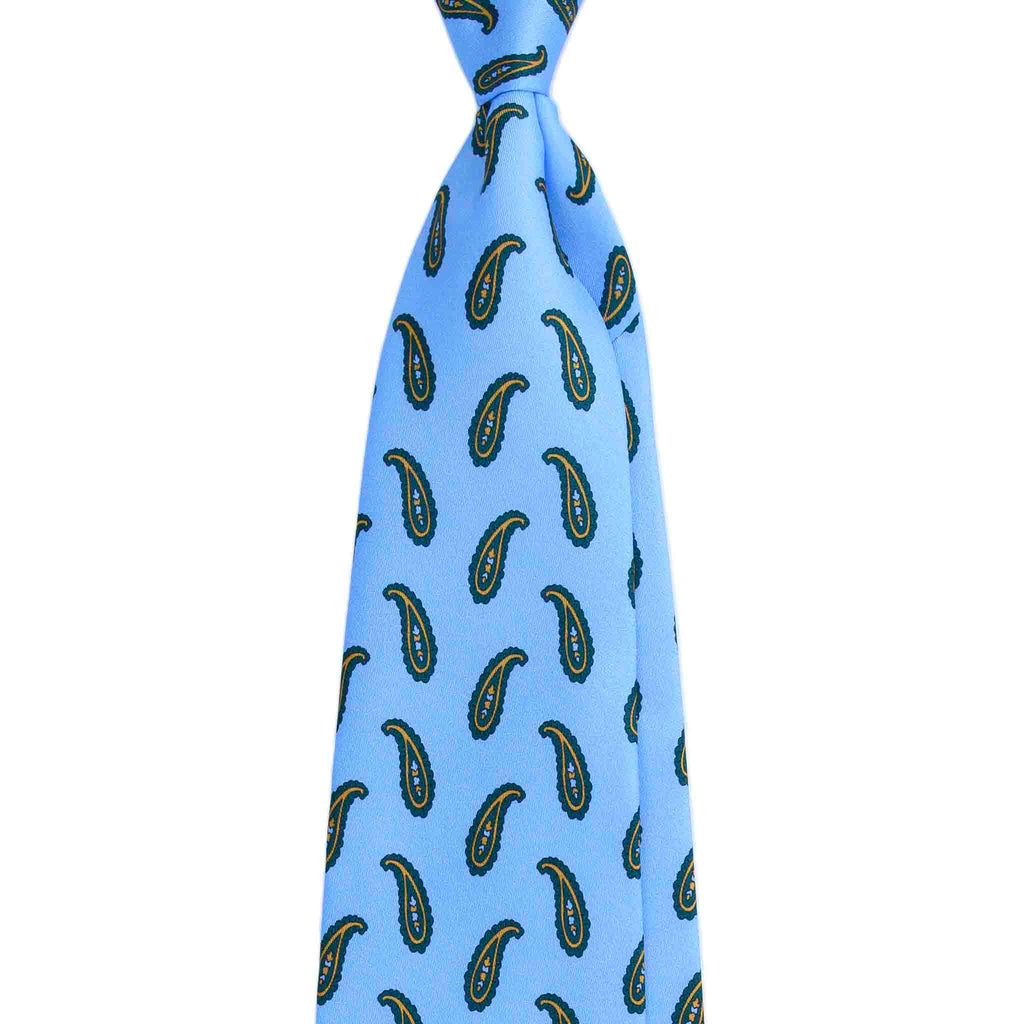 Light Blue Silk Tie with Big Green Paisley Serà Fine Silk