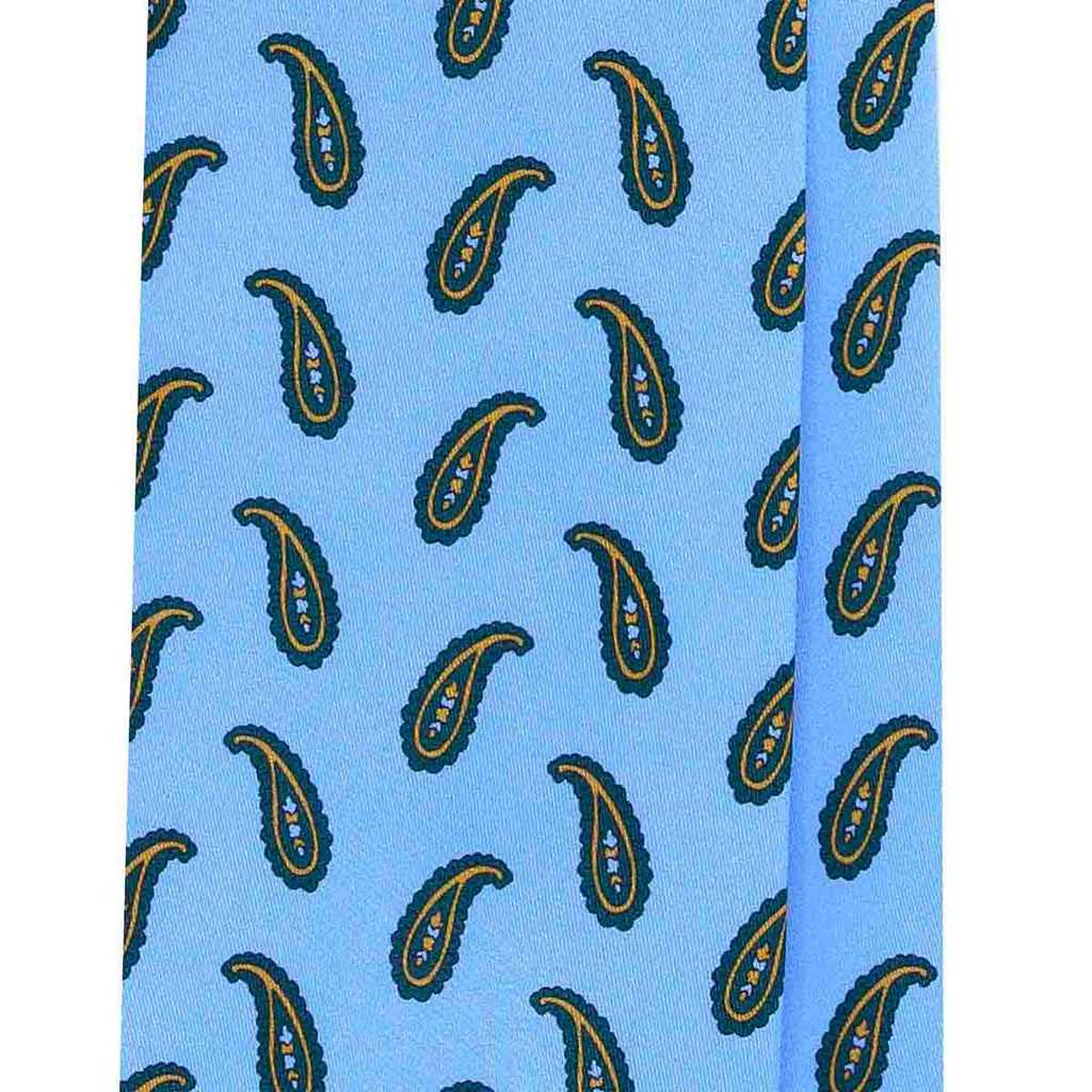Light Blue Silk Tie with Big Green Paisley Serà Fine Silk