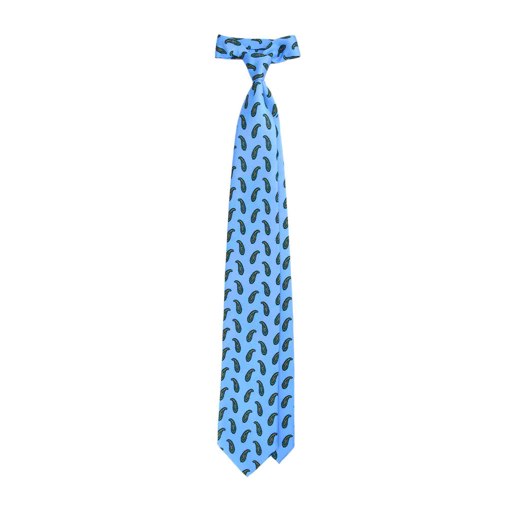 Light Blue Silk Tie with Big Green Paisley Serà Fine Silk