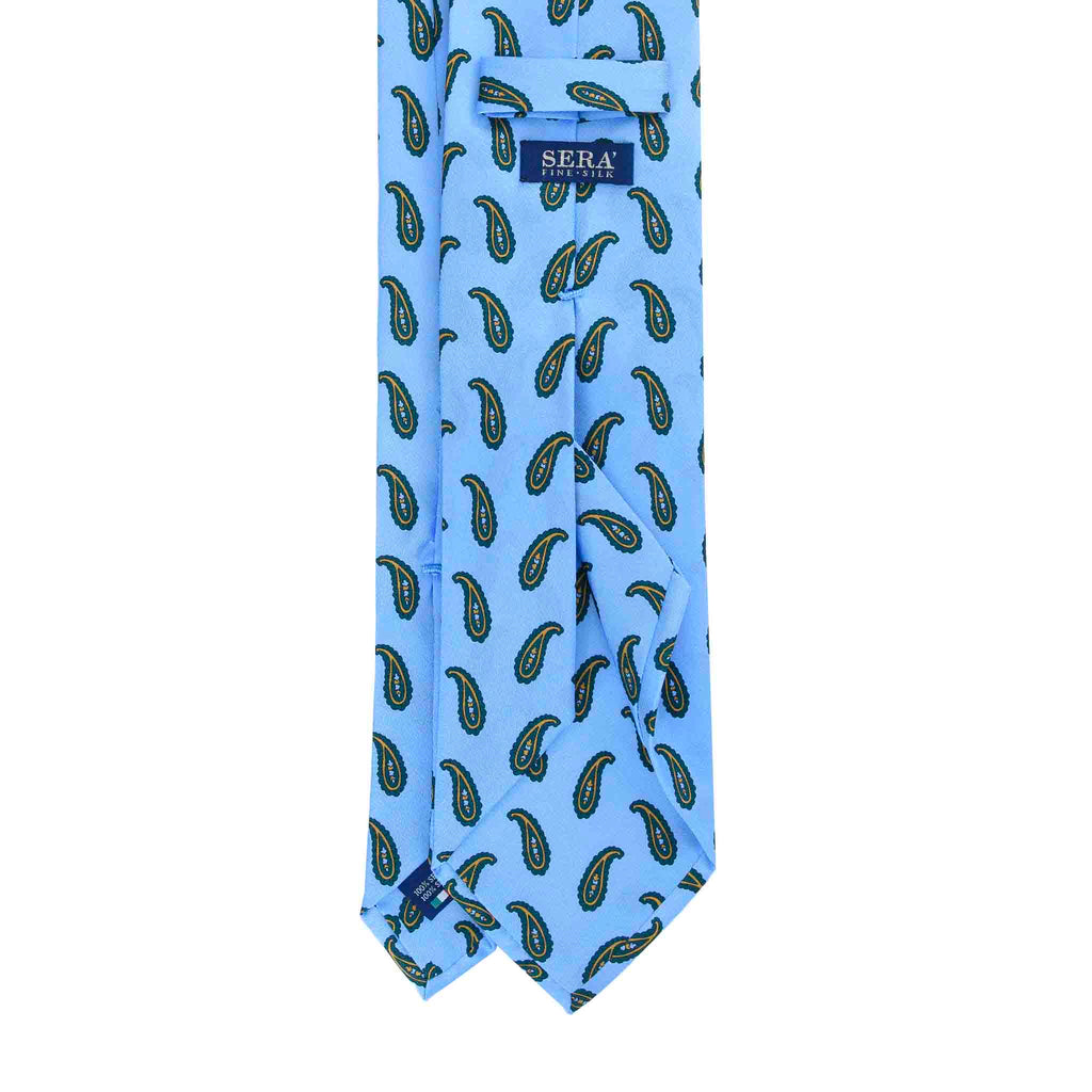 Light Blue Silk Tie with Big Green Paisley Serà Fine Silk