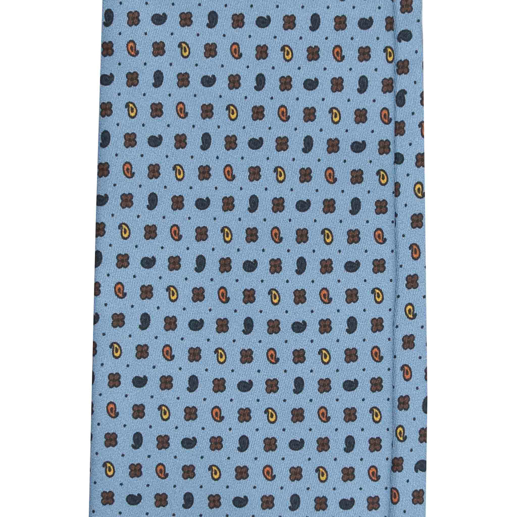 Light Blue Silk Tie with Paisley and Flowers Pattern Serà Fine Silk