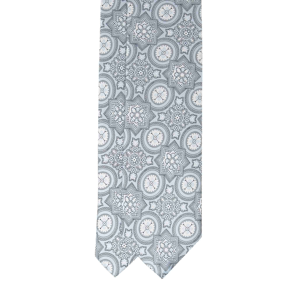 Light Blue and White Big Medallions Silk Tie Serà Fine Silk