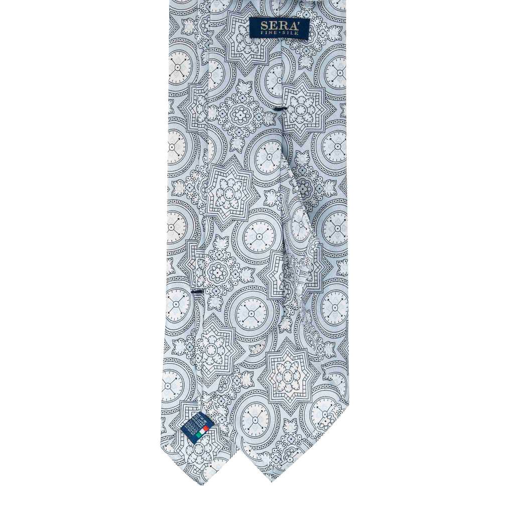 Light Blue and White Big Medallions Silk Tie Serà Fine Silk