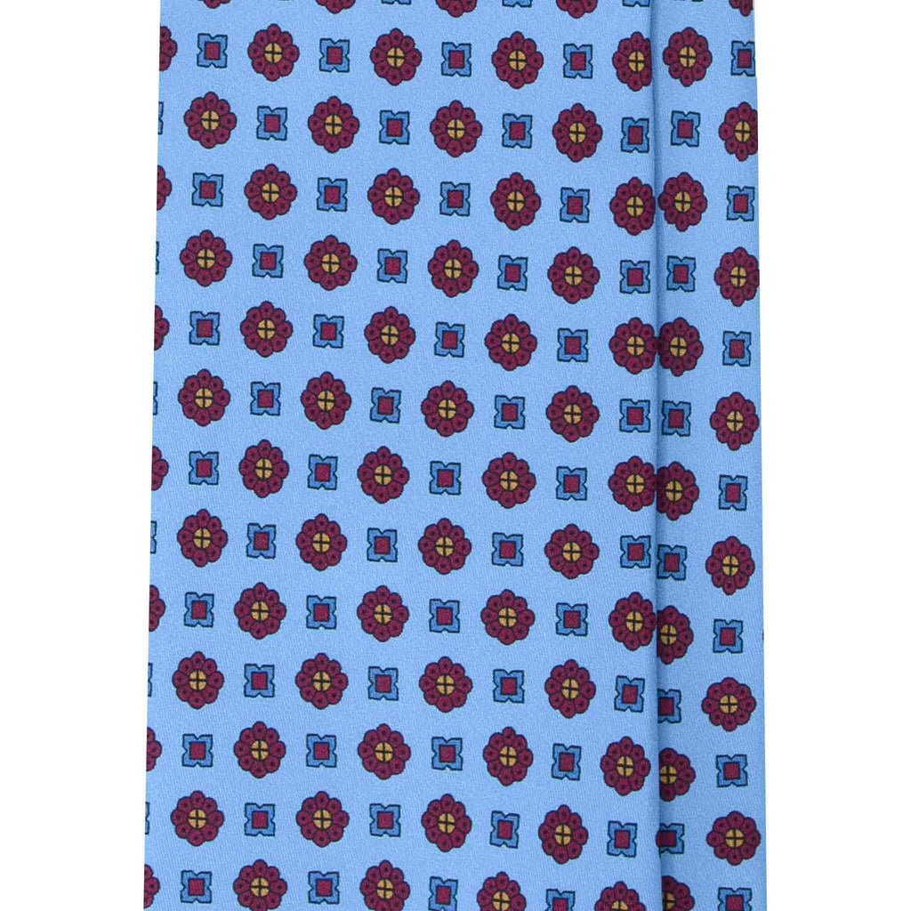 Light Blue Silk Tie with Burgundy Flowers Pattern Serà Fine Silk