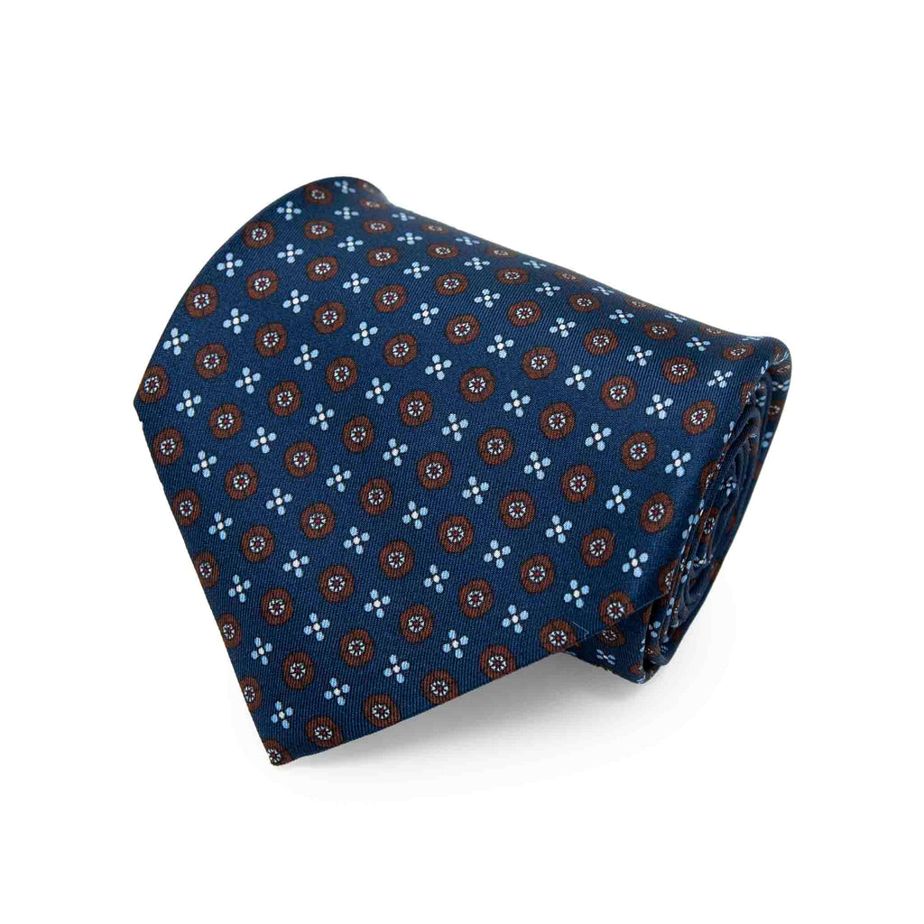 Navy Blue with Light Blue Small Flowers Silk Tie Serà Fine Silk