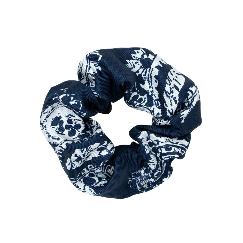 navy blue white paisley silk scrunchy