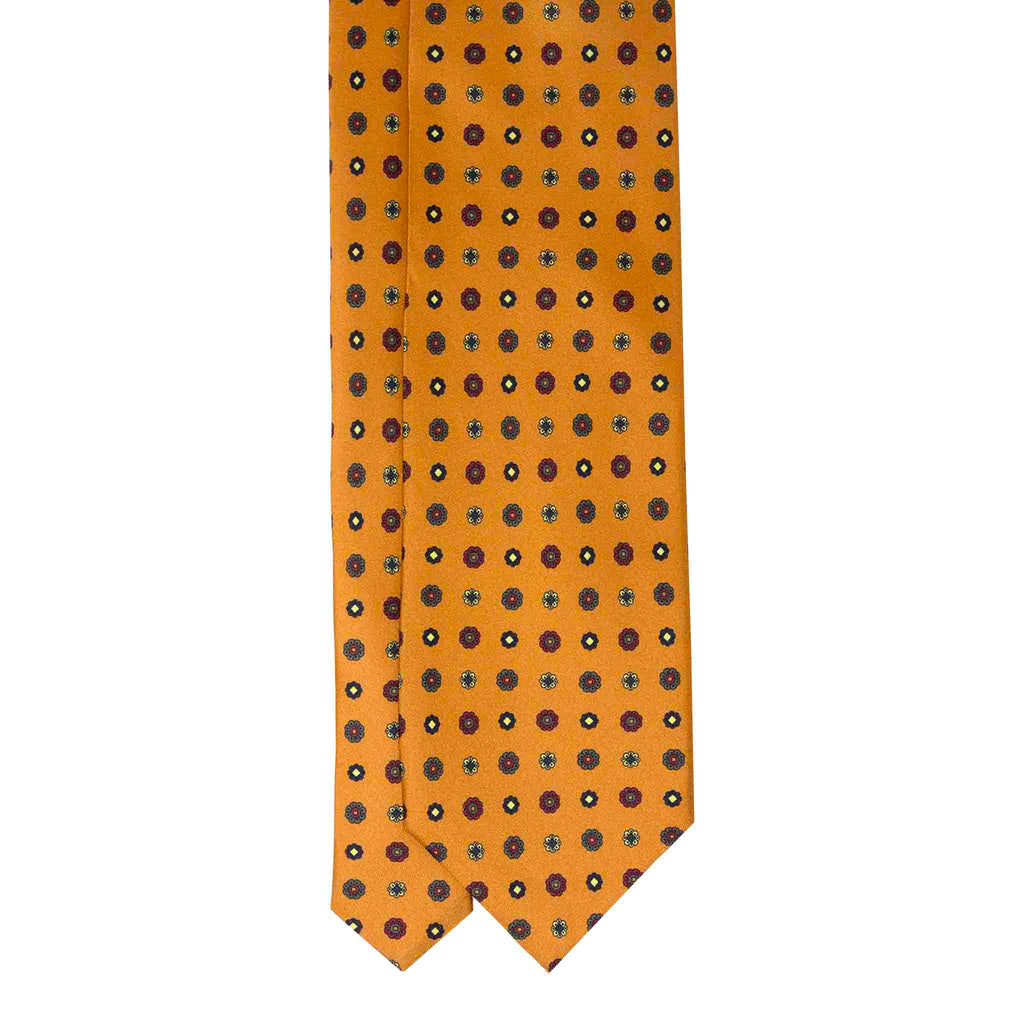 Orange with Burgundy Small Flowers Silk Tie Serà Fine Silk