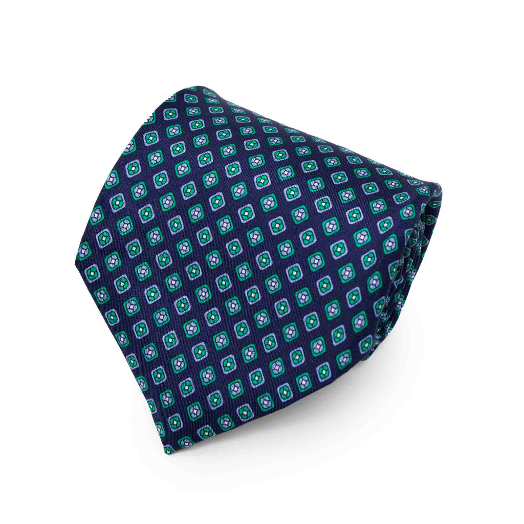 Blue with Green Square Pattern Silk Tie Serà Fine Silk
