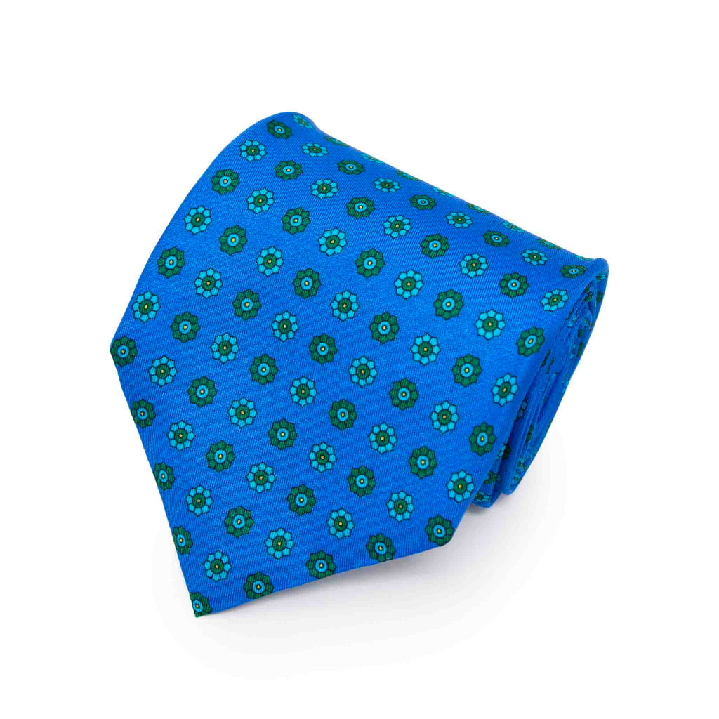 Cyan Blue with Green Flowers Silk Tie Serà Fine Silk