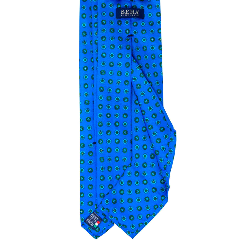 Cyan Blue with Green Flowers Silk Tie Serà Fine Silk