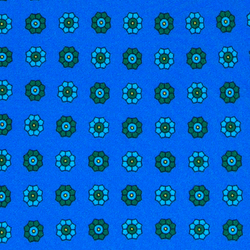 Cyan Blue with Green Flowers Silk Tie Serà Fine Silk
