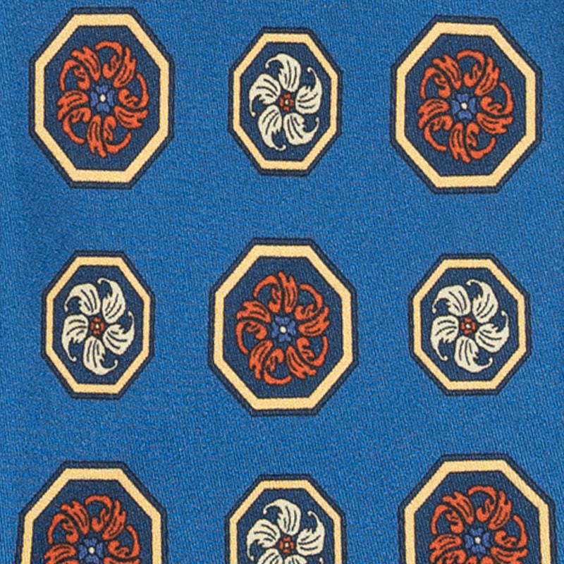Blue with Orange and Yellow Medallions Silk Tie Serà Fine Silk