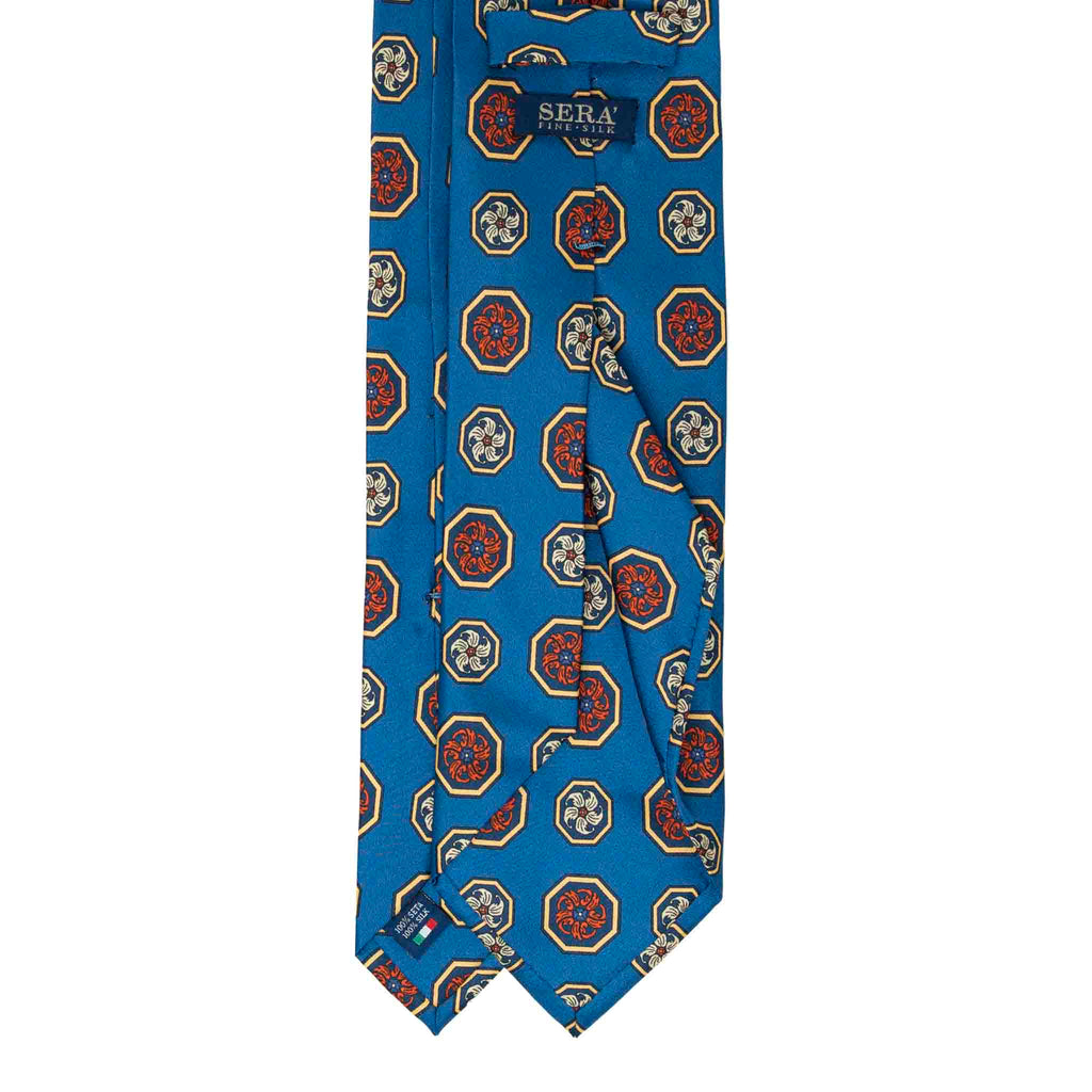 Blue with Orange and Yellow Medallions Silk Tie Serà Fine Silk