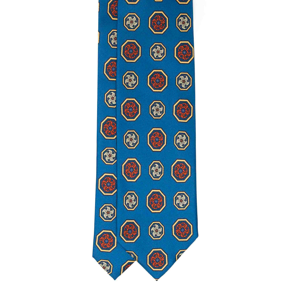 Blue with Orange and Yellow Medallions Silk Tie Serà Fine Silk