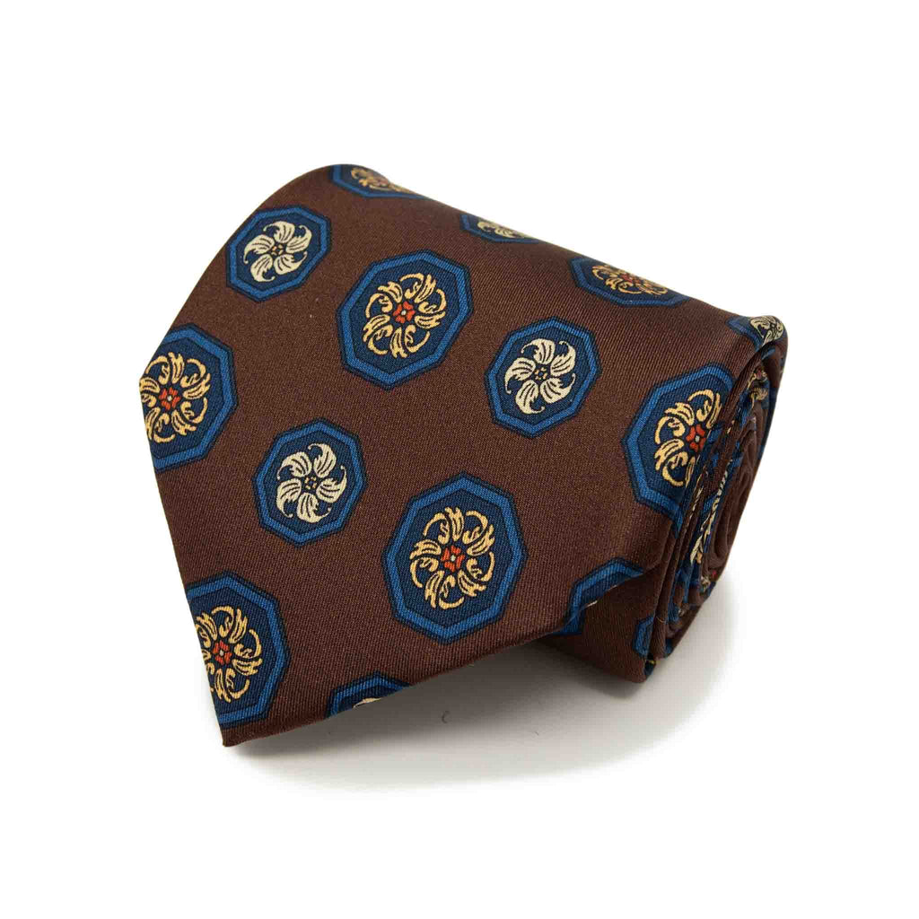 Brown with Blue Medallions Silk Tie Serà Fine Silk
