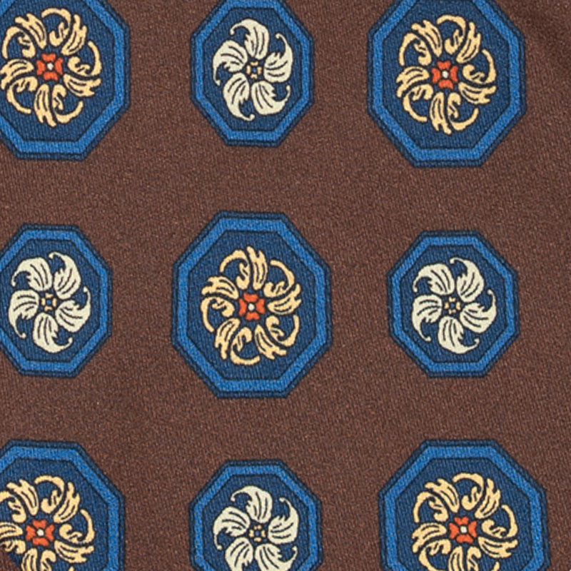 Brown with Blue Medallions Silk Tie Serà Fine Silk