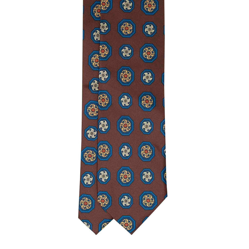 Brown with Blue Medallions Silk Tie Serà Fine Silk