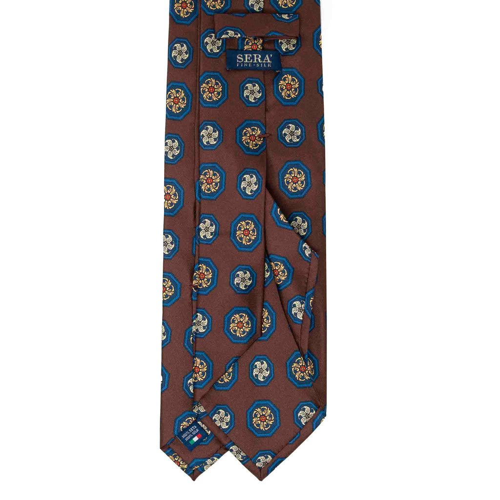 Brown with Blue Medallions Silk Tie Serà Fine Silk
