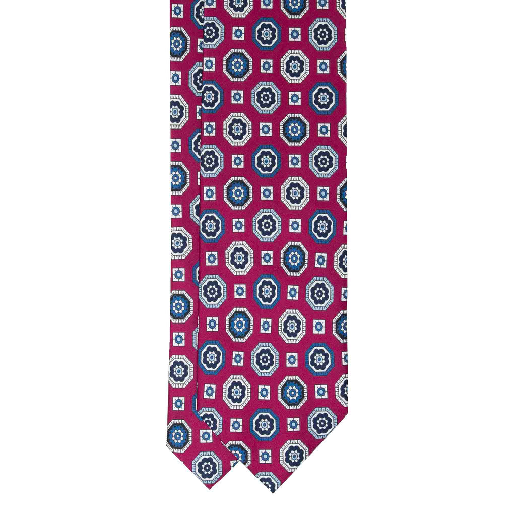 Burgundy with Blue Medallions Silk Tie Serà Fine Silk