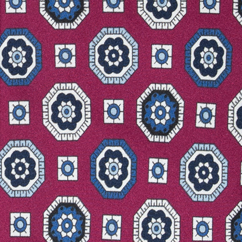 Burgundy with Blue Medallions Silk Tie Serà Fine Silk