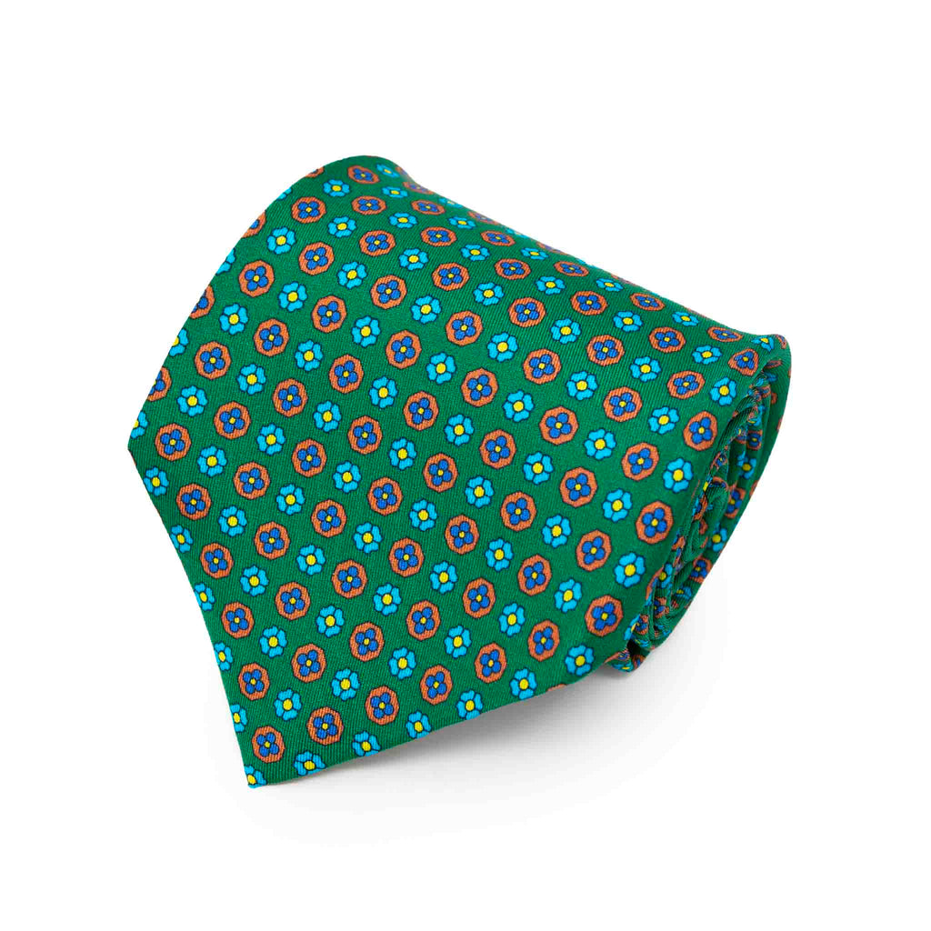 Green with Light Blue & Orange Flowers Silk Tie Serà Fine Silk