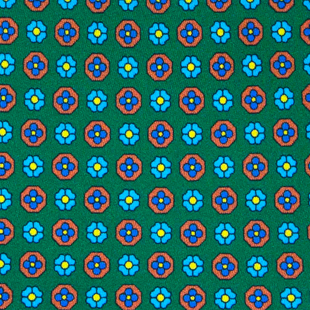 Green with Light Blue & Orange Flowers Silk Tie Serà Fine Silk