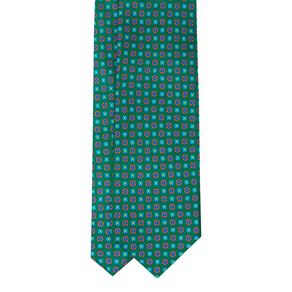 Green with Light Blue & Orange Flowers Silk Tie Serà Fine Silk