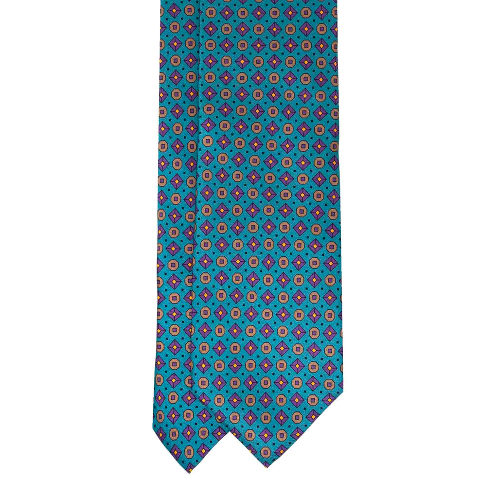 Green with Purple Geometric Pattern Silk Tie Serà Fine Silk