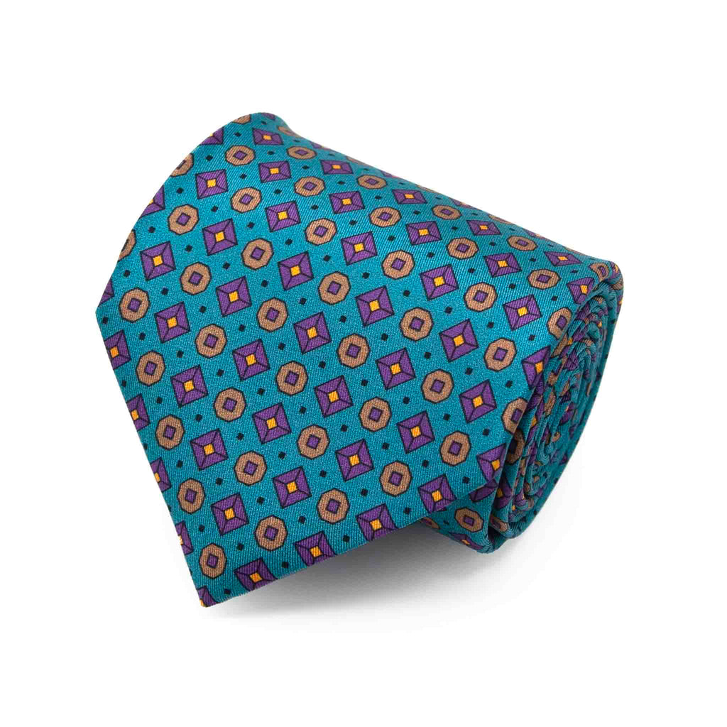 Green with Purple Geometric Pattern Silk Tie Serà Fine Silk
