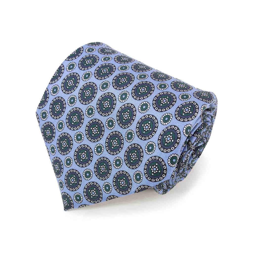 Light Blue with Green Round Pattern Silk Tie Serà Fine Silk