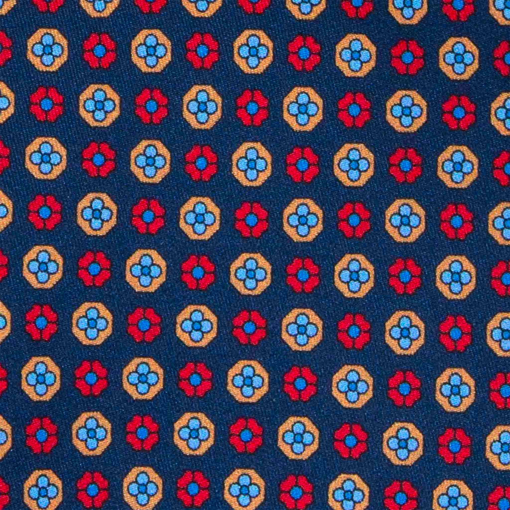 Navy Blue with Red & Light Blue Flowers Silk Tie Serà Fine Silk