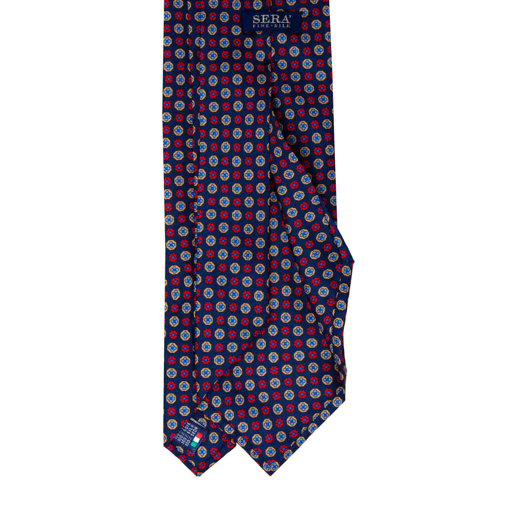 Navy Blue with Red & Light Blue Flowers Silk Tie Serà Fine Silk