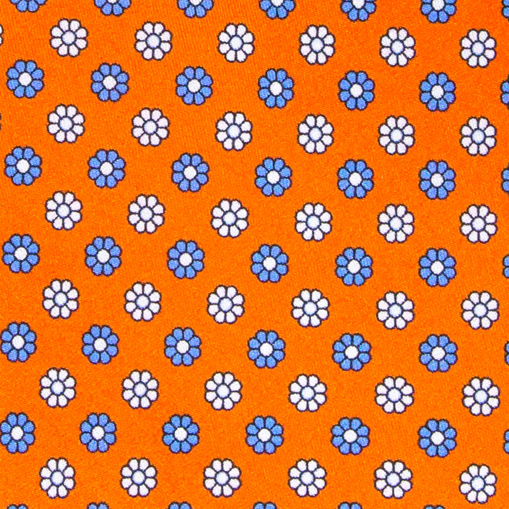 Orange with Light Blue & White Flowers Silk Tie Serà Fine Silk