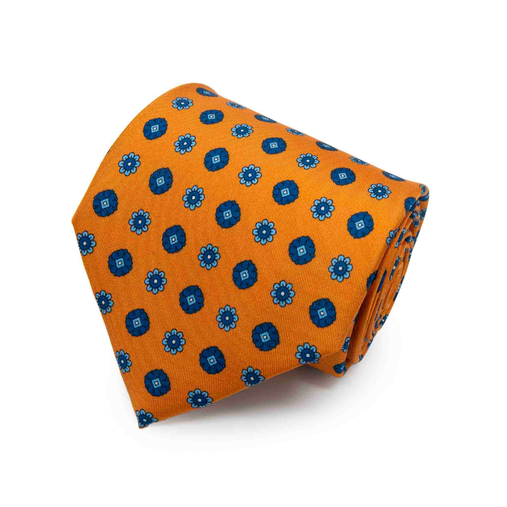 Orange With Blue Flowers Silk Tie Sera Fine Silk