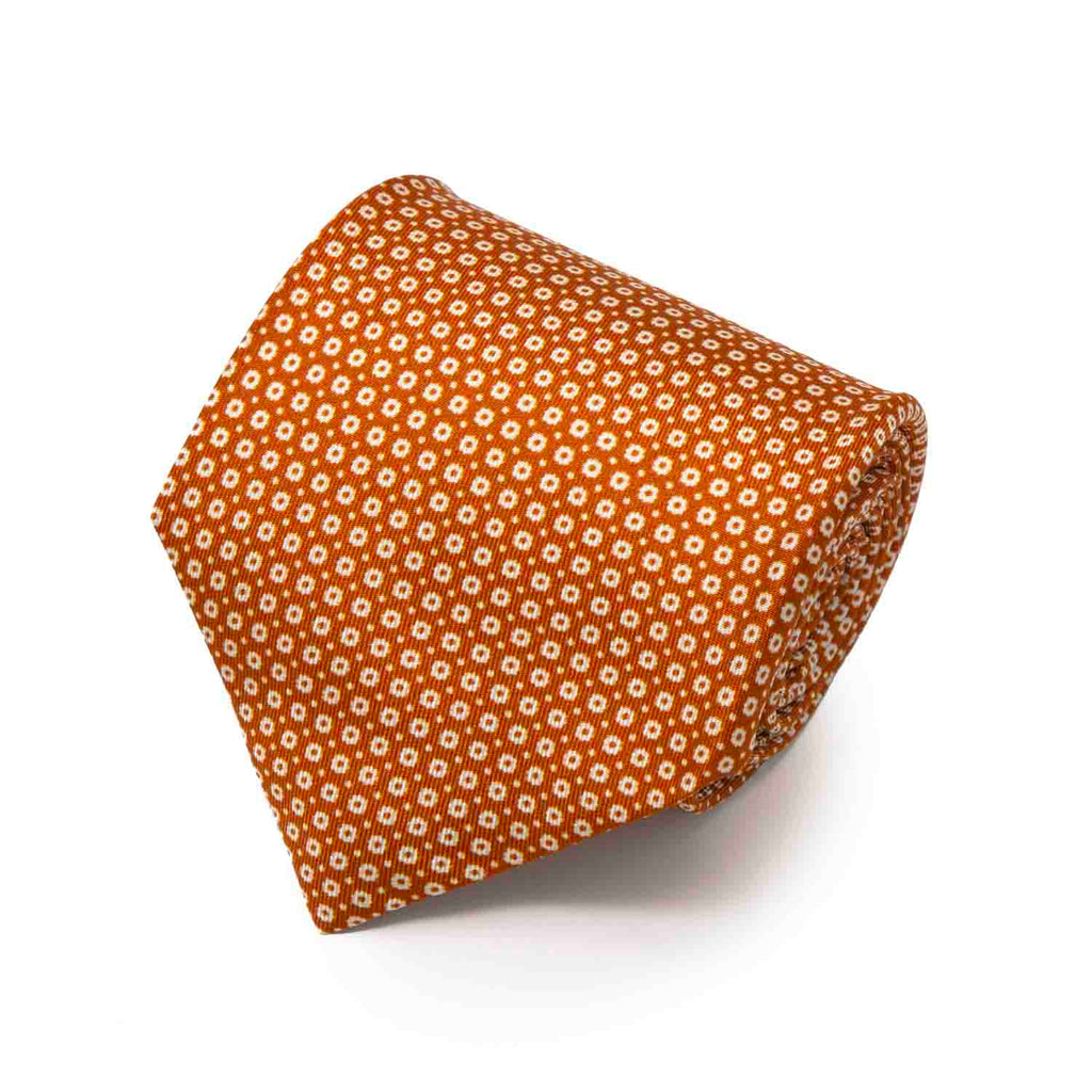 Orange with Small White Flowers Silk Tie Serà Fine Silk